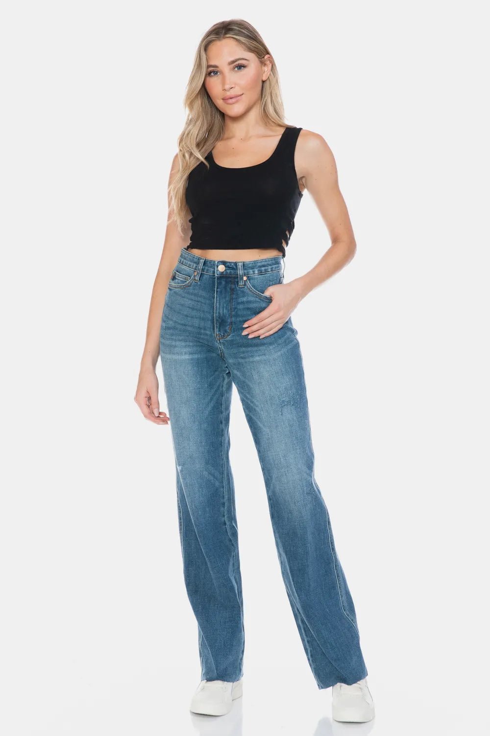 Judy Blue Full Size Tummy Control Cut Raw Hem Straight Jeans - PBNJ FASHIONS