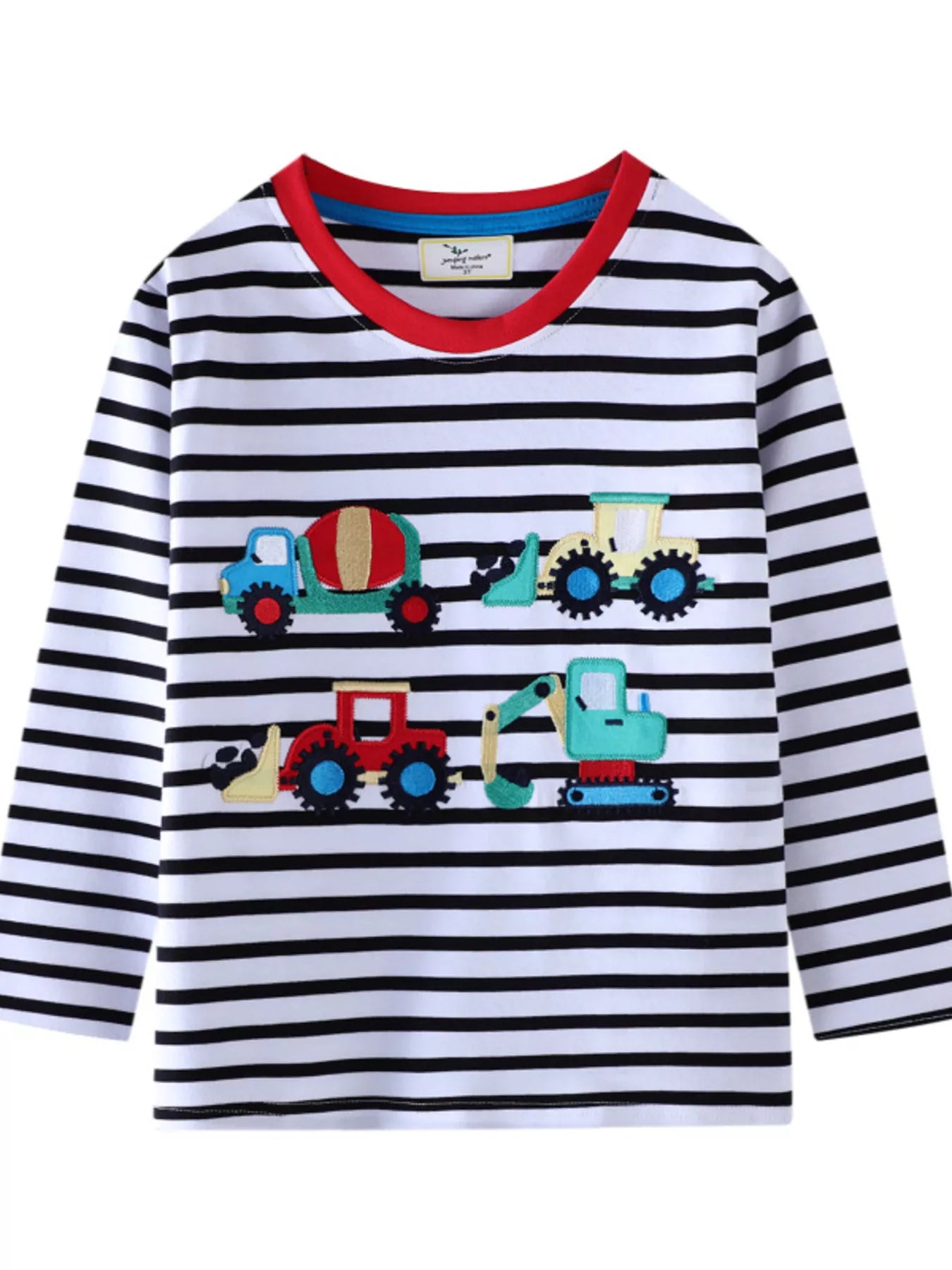 Children's Striped Long Sleeve T-Shirt with Construction Vehicle Appliques - PBNJ FASHIONS
