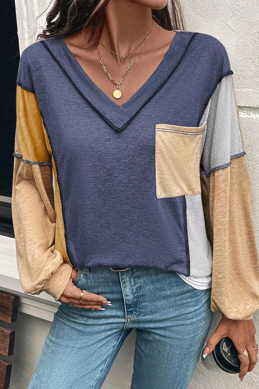 Color Block V - Neck Long Sleeve Blouse - PBNJ FASHIONS