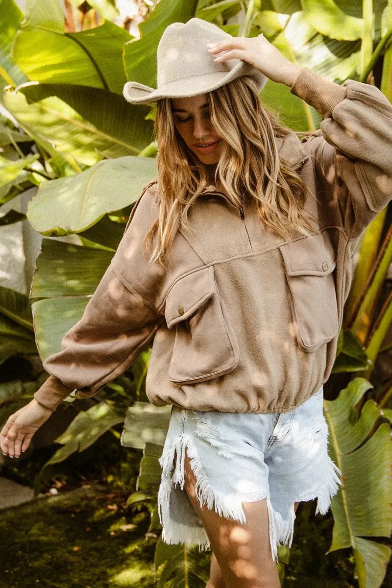 BiBi Half Zip Vintage Washed Fleece Pullover - PBNJ FASHIONS