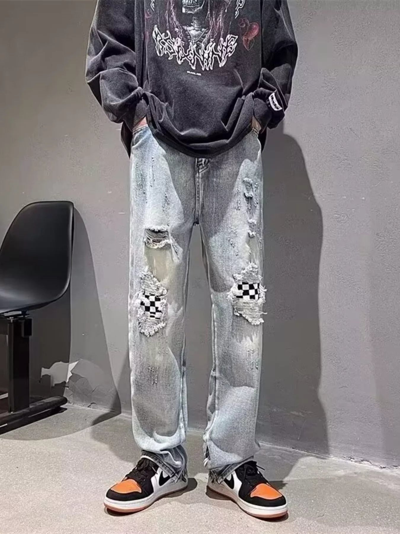 Men's Full Size Ripped Checkerboard Patchwork Jeans Plus Size - PBNJ FASHIONS