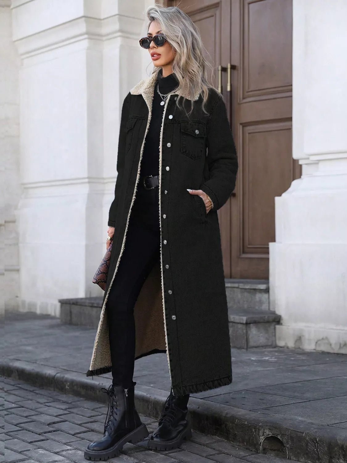 Sherpa Lined Longline Denim Jacket - PBNJ FASHIONS