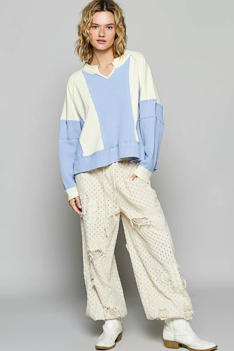 POL Color Block Waffle Knit Raw Hem Sweatshirt - PBNJ FASHIONS