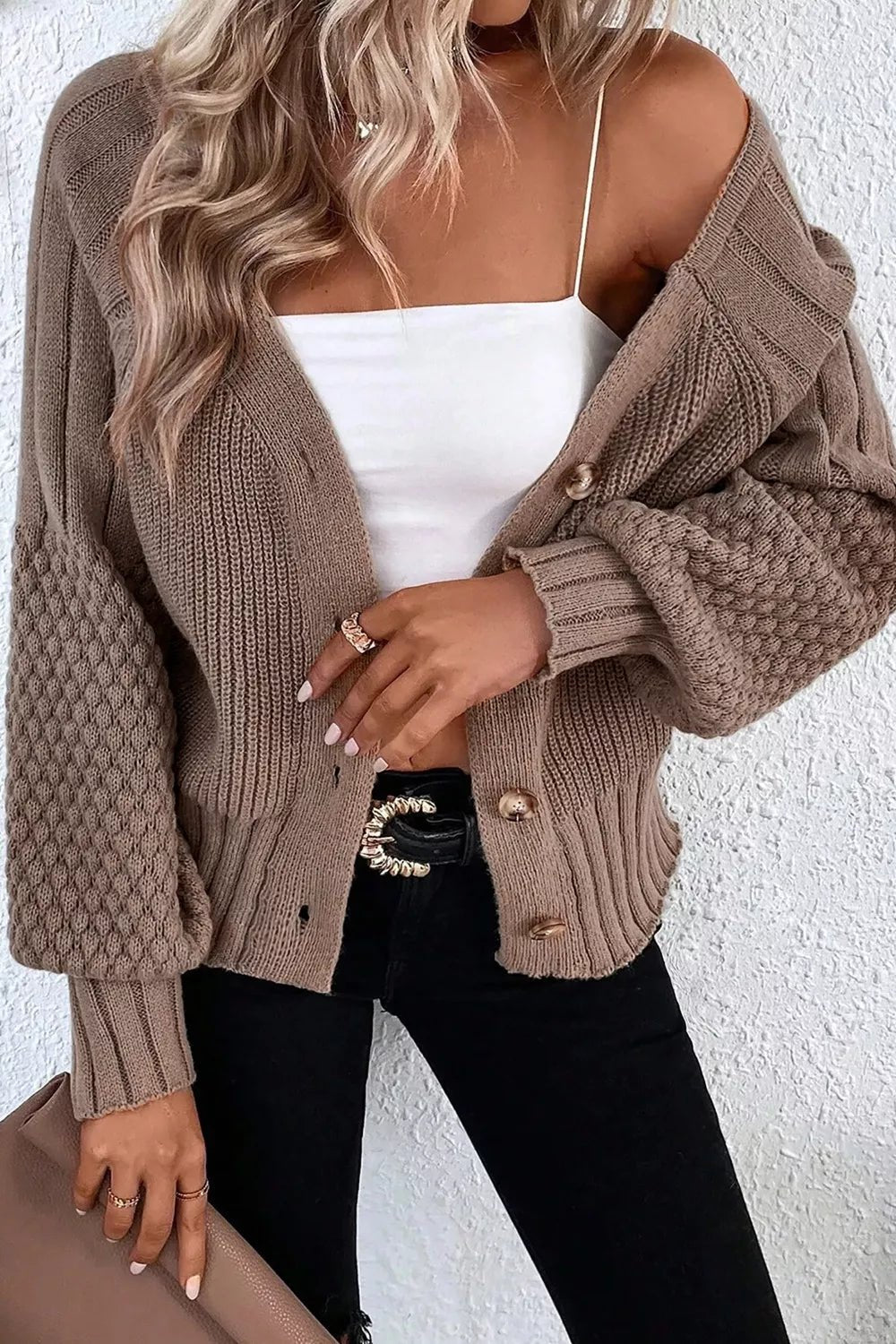 Mixed Texture Knit Button V Neck Sweater Cardigan - PBNJ FASHIONS
