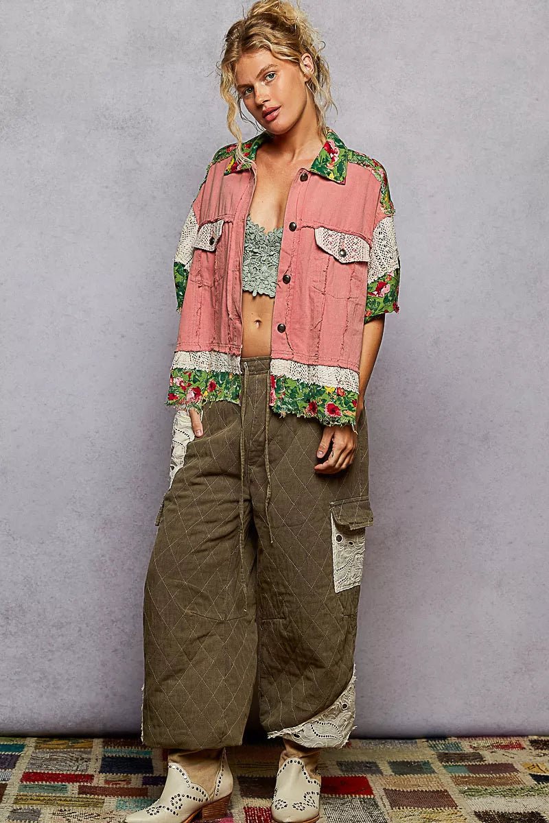 POL Lace Patch Floral Half Sleeve Shacket - PBNJ FASHIONS