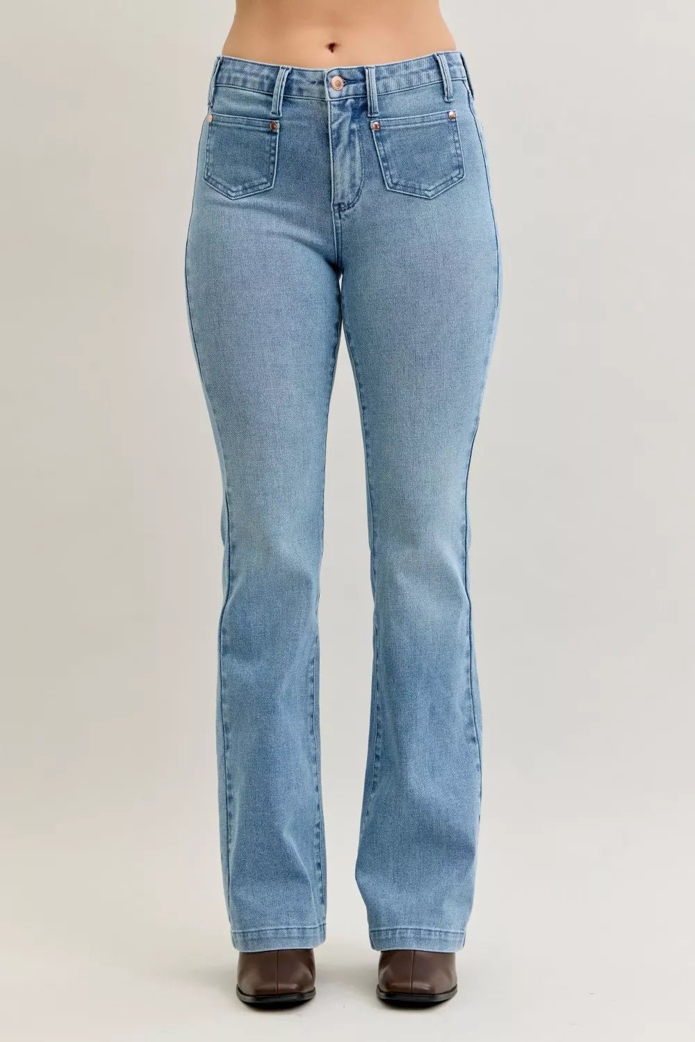 Judy Blue Full Size Mid Rise Bootcut Jeans with Contrast Wash & Front Patch Pockets Plus Size - PBNJ FASHIONS