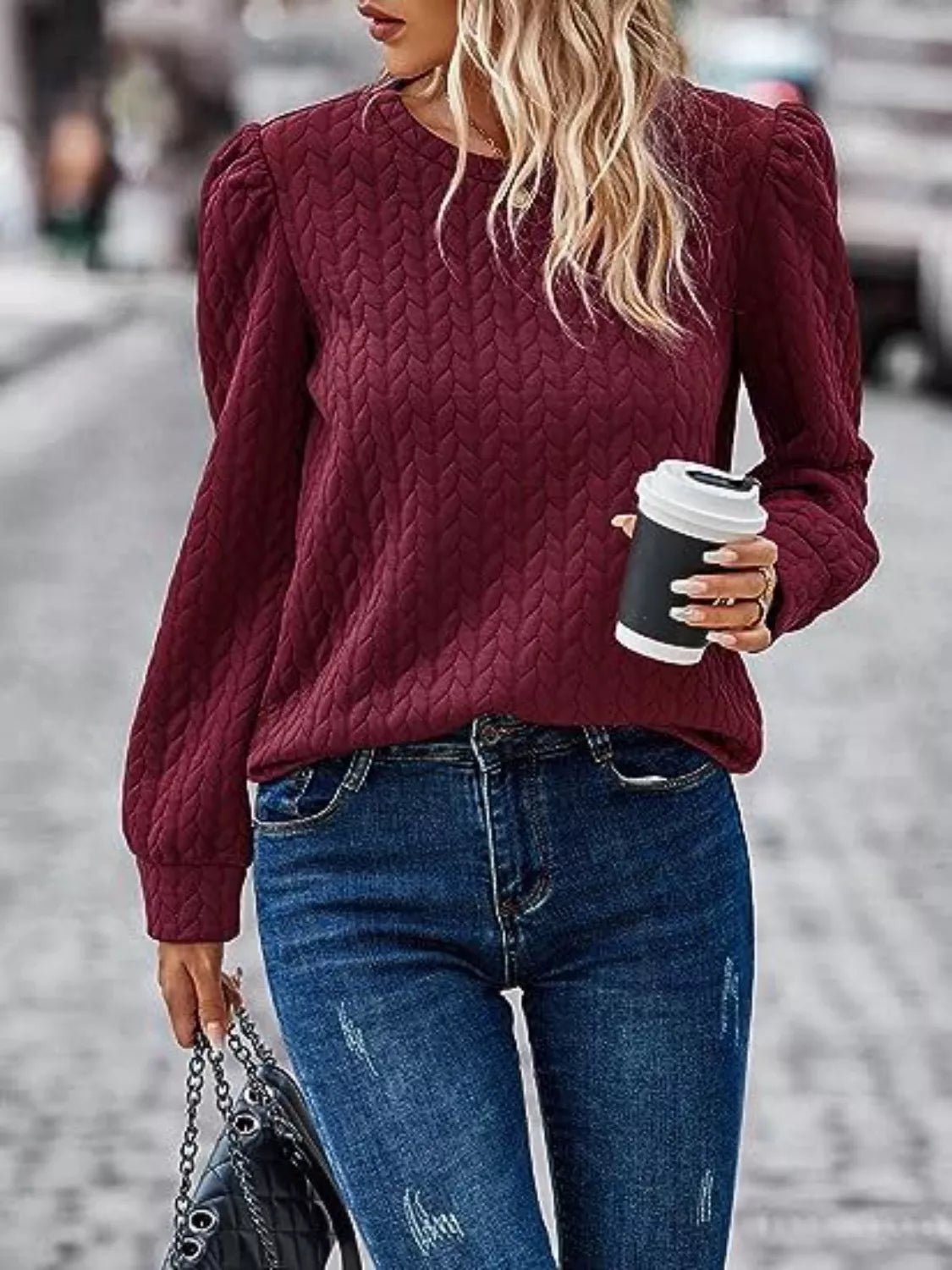 Textured Round Neck Long Sleeve Blouse - PBNJ FASHIONS