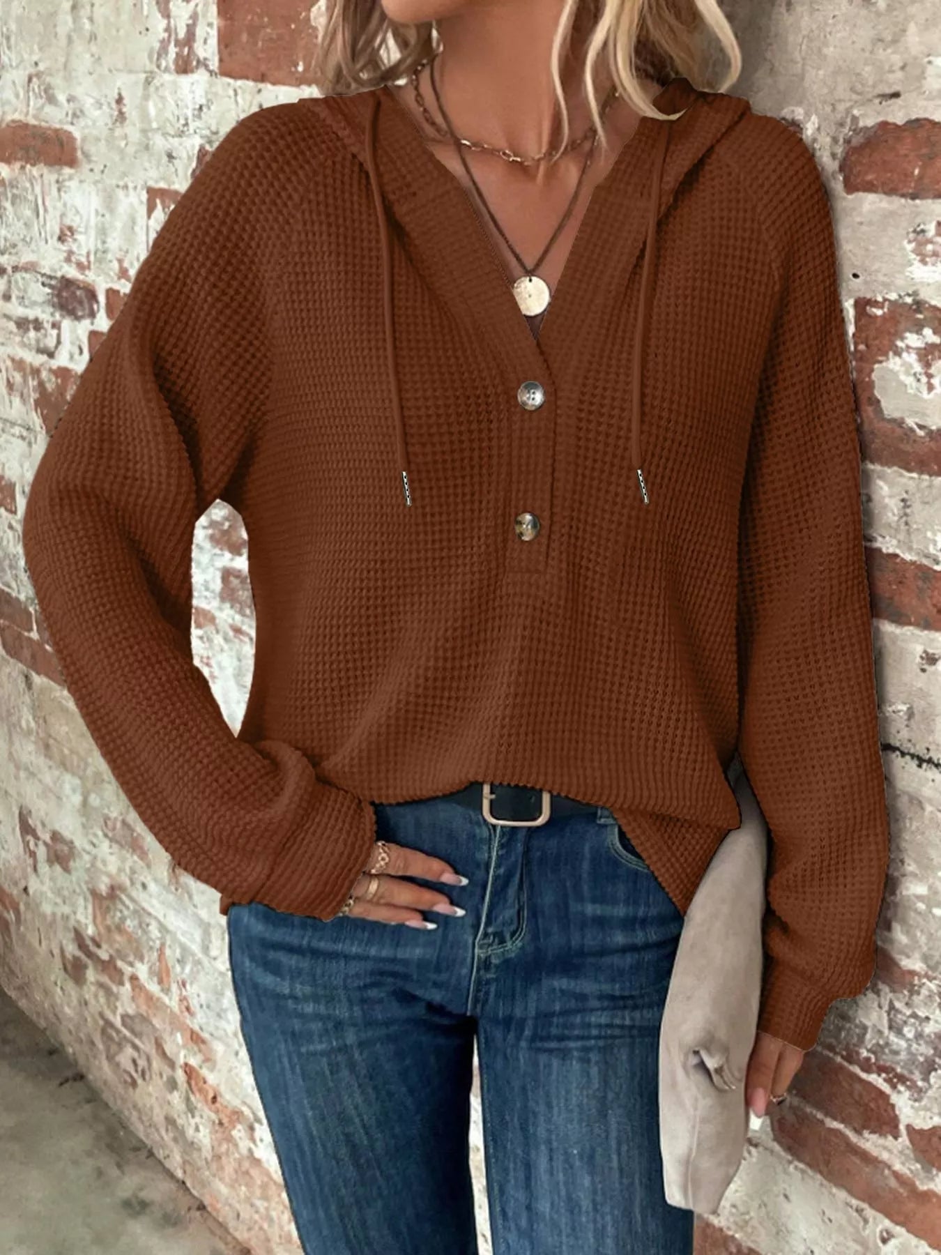 Waffle Knit Button Detail Hoodie - PBNJ FASHIONS