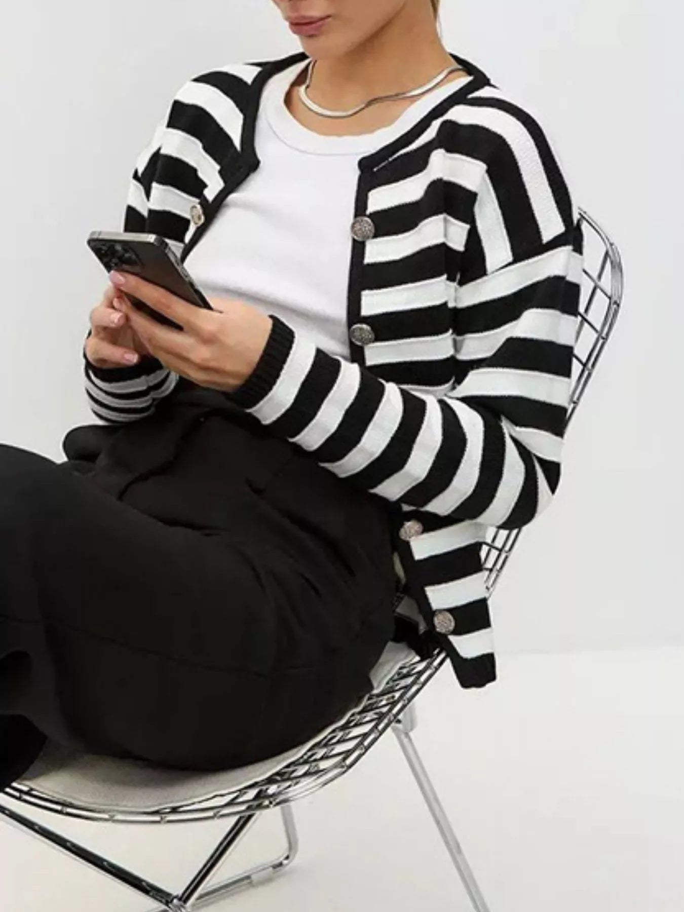 Striped Button - Down Knit Cardigan - PBNJ FASHIONS