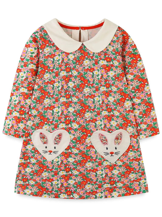 Children's Floral Print Long Sleeve Peter Pan Collar Dress - PBNJ FASHIONS