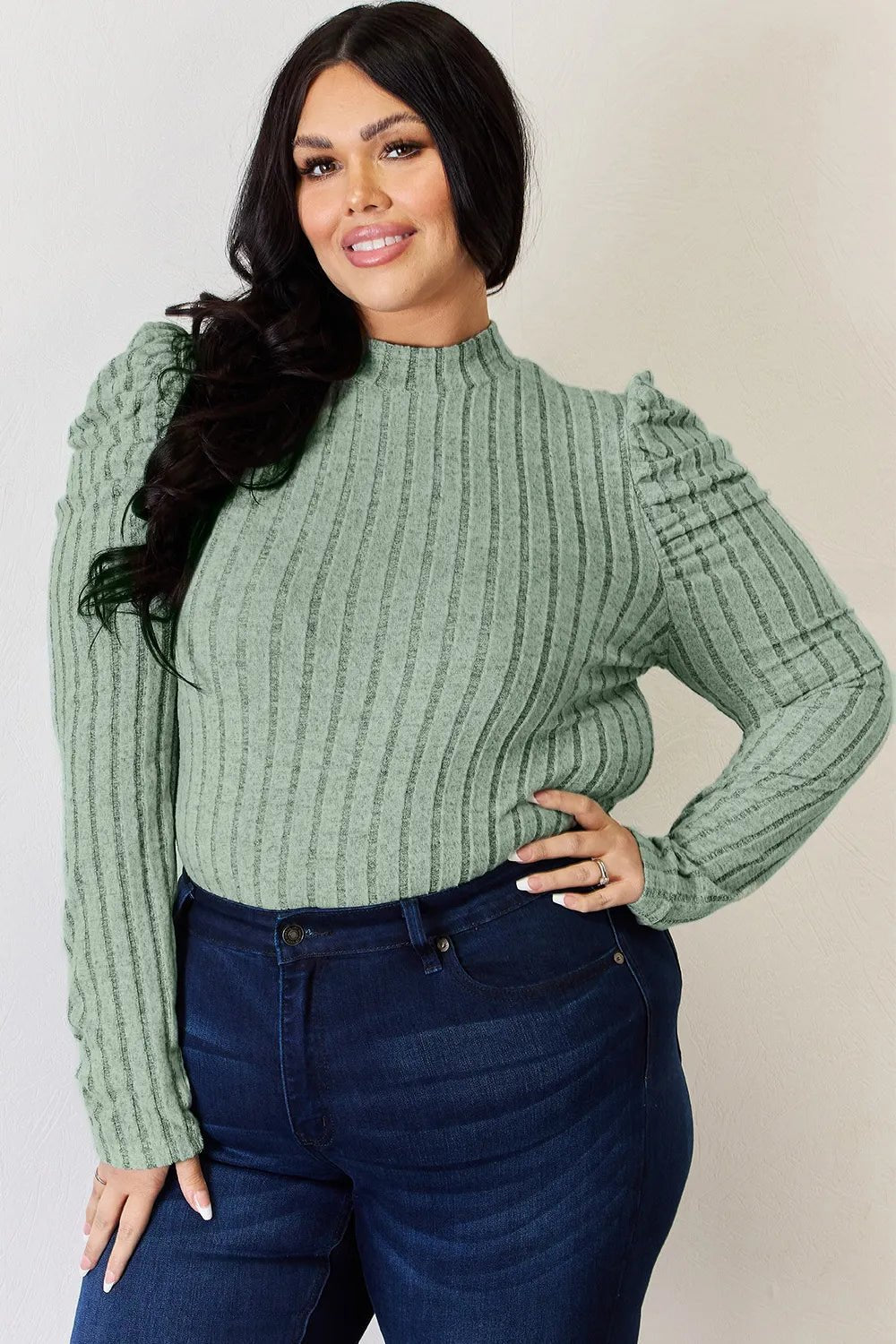 Basic Bae Full Size Ribbed Mock Neck Puff Sleeve T-Shirt - PBNJ FASHIONS