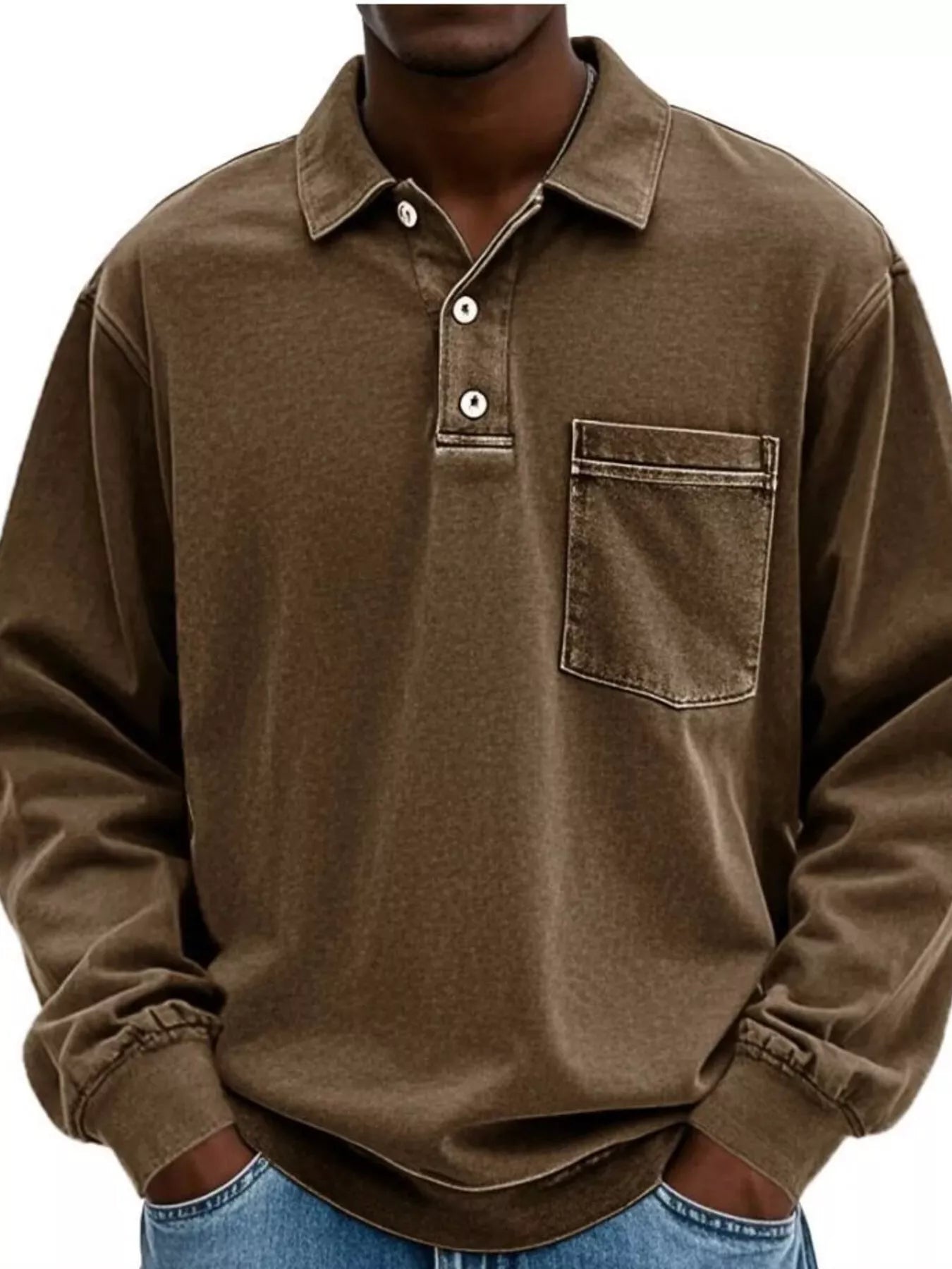 Men's Full Size Vintage Button Detail Long Sleeve Polo Plus Size - PBNJ FASHIONS