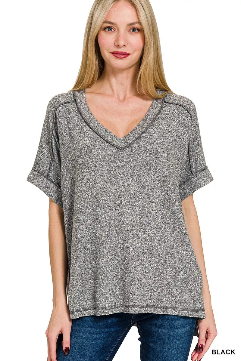 Zenana Full Size Soft Melange Hacci V - Neck Short Sleeve Hi - low Tee Plus Size - PBNJ FASHIONS