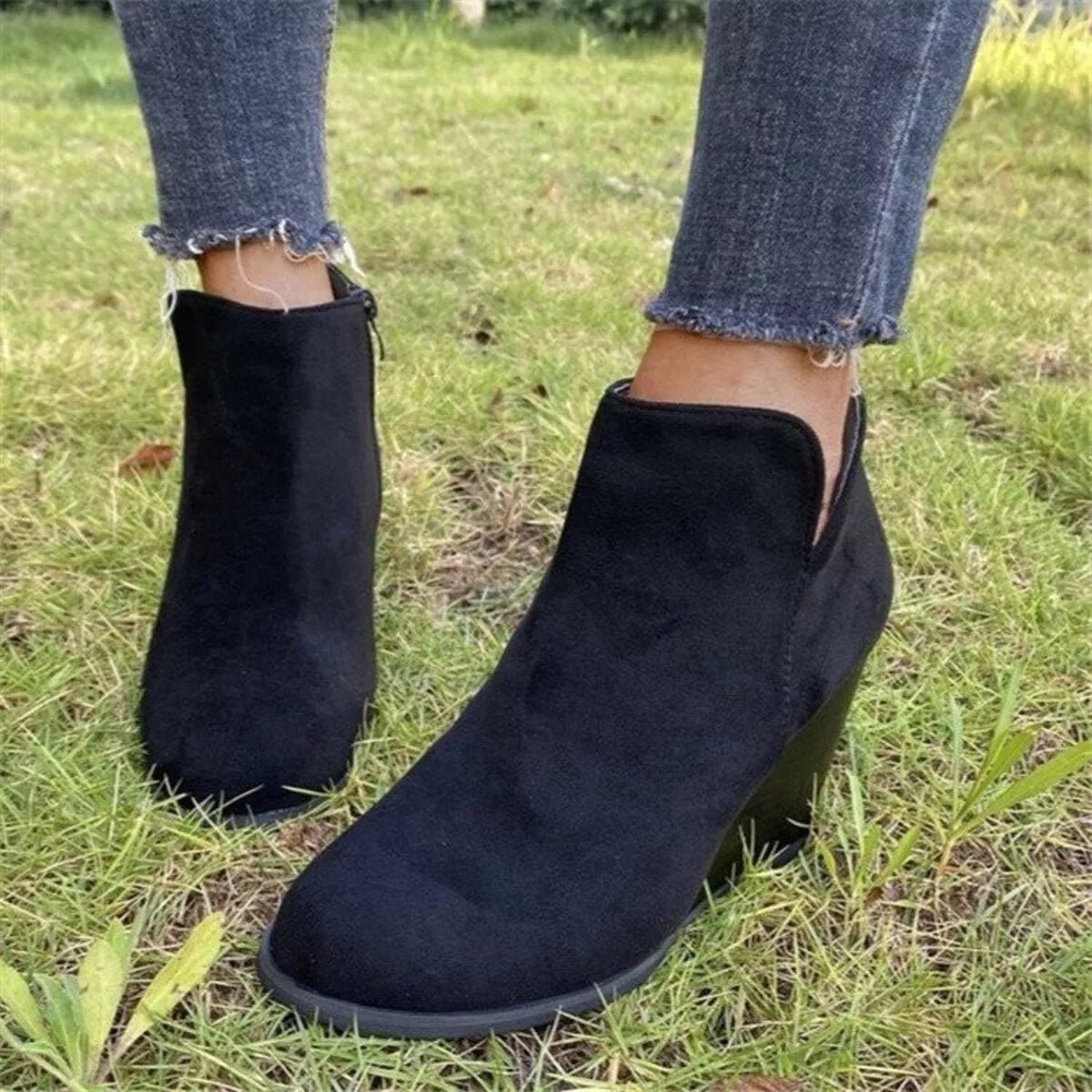 Side Zipper Wedge Boots - Heel Suede Shoes, Sizes US 5-11 - PBNJ FASHIONS
