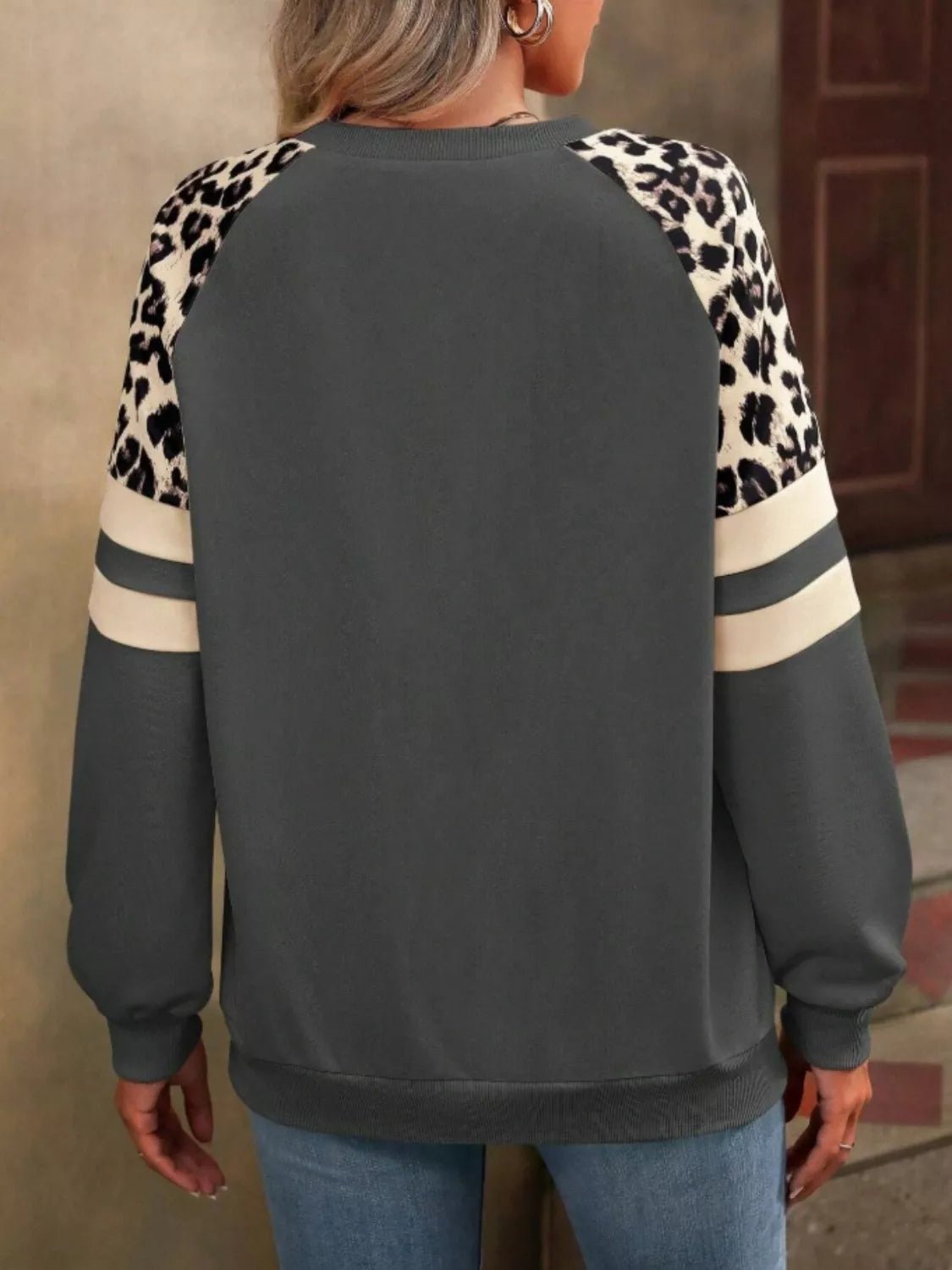 Leopard Raglan Sleeve Striped Sweatshirt - PBNJ FASHIONS