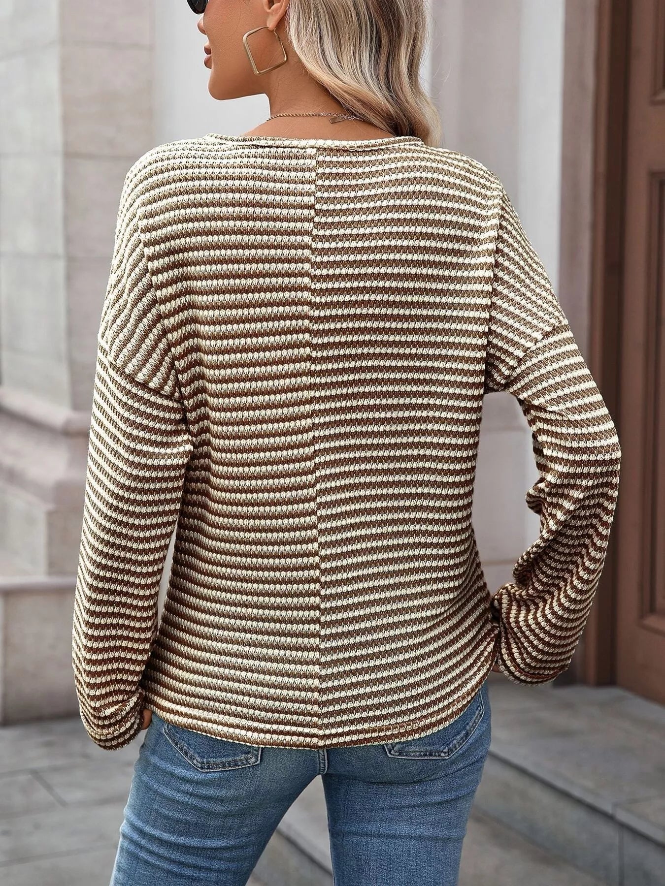 Striped Notched Long Sleeve T-Shirt - PBNJ FASHIONS