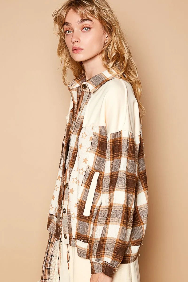 POL Plaid & Star Patchwork Contrast Long Sleeve Shacket - PBNJ FASHIONS