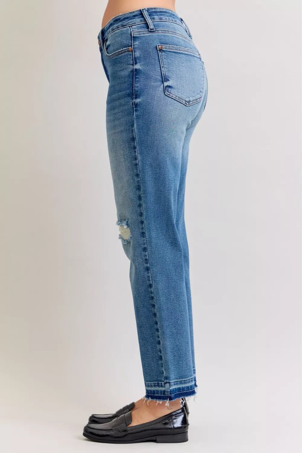 Judy Blue Full Size Mid Rise Bf Patch & Repair Destroy Release Hem Jeans Plus Size - PBNJ FASHIONS