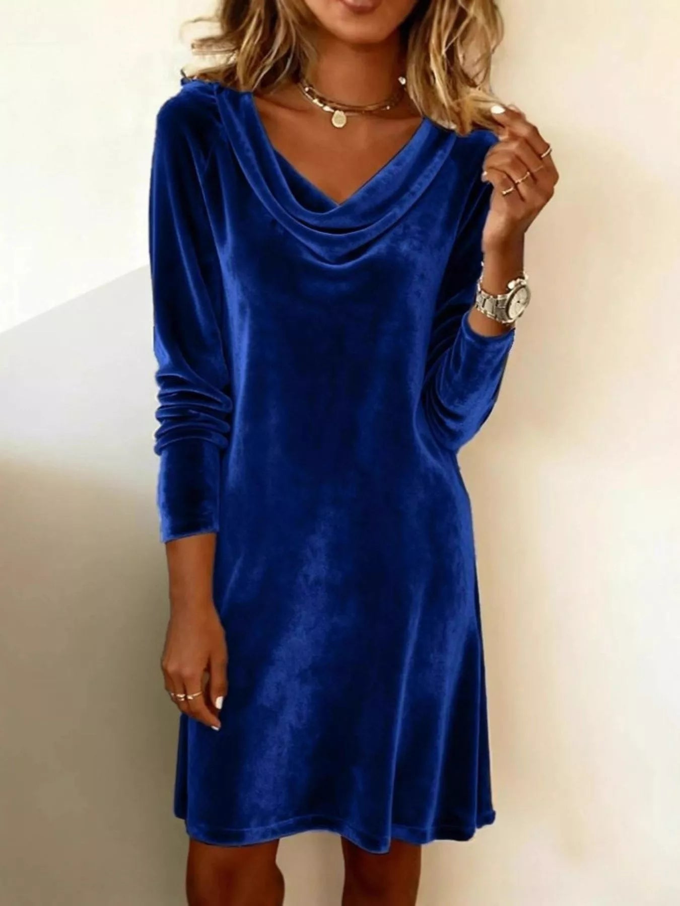 Velvet Cowl Neck Long Sleeve Mini Dress - PBNJ FASHIONS