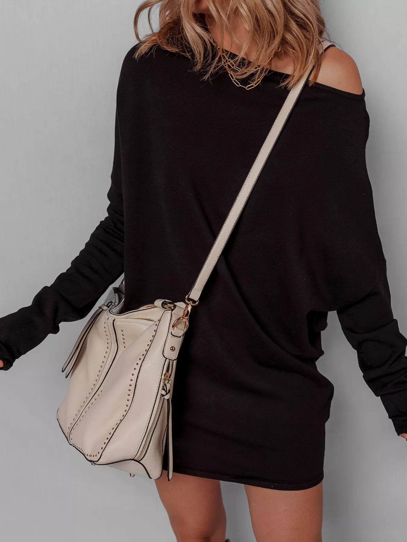 Asymmetric Neck Batwing Sleeve Shift Mini Sweater Dress - PBNJ FASHIONS