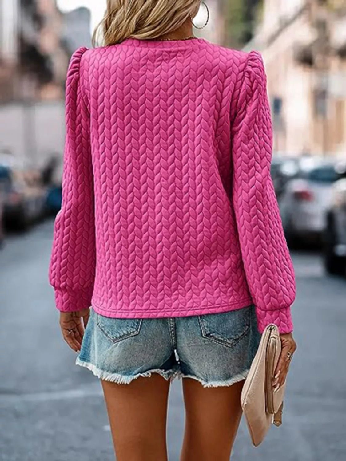 Textured Round Neck Long Sleeve Blouse - PBNJ FASHIONS