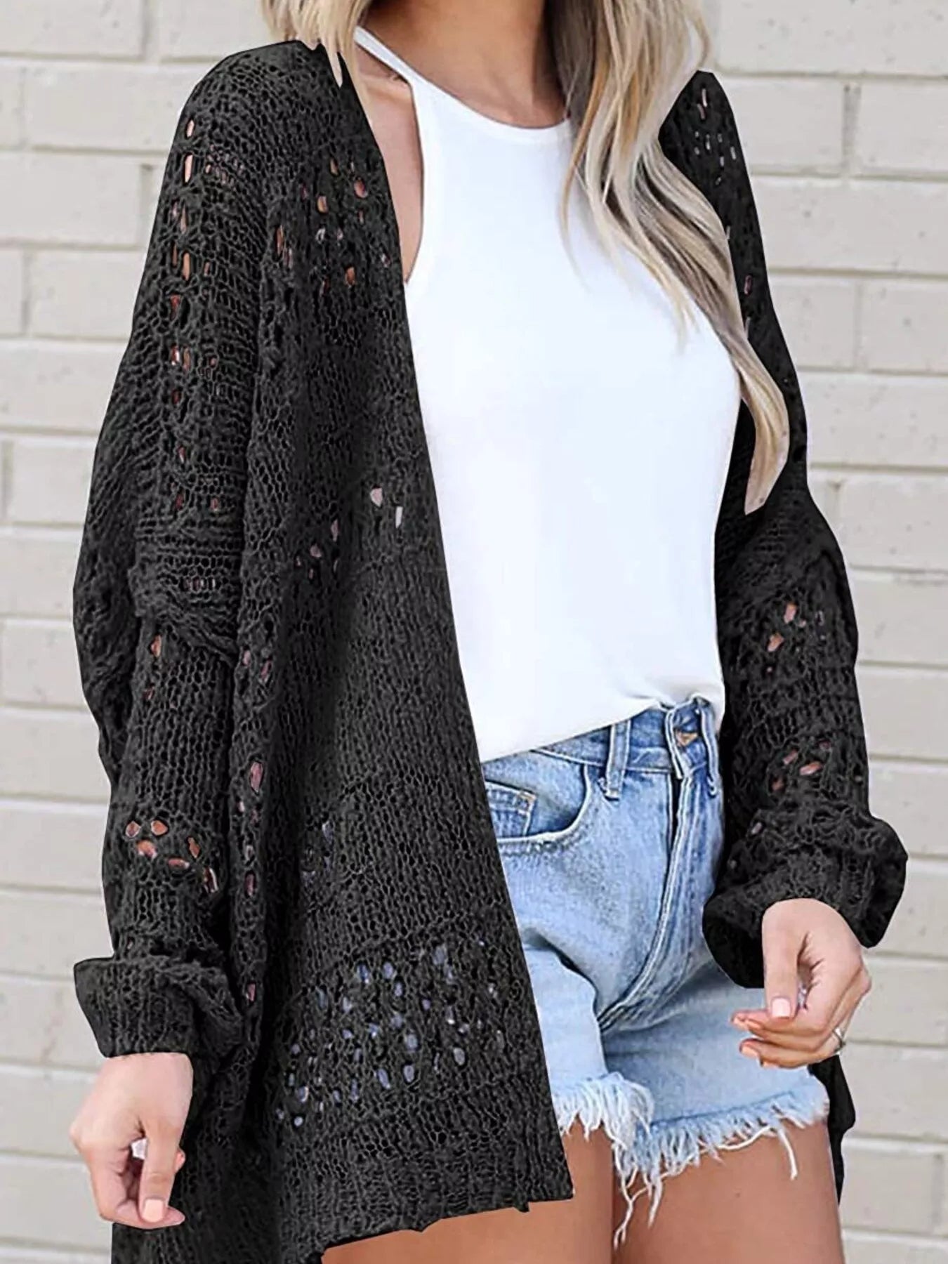Full Size Openwork Open Front Lightweight Cardigan Plus Size - PBNJ FASHIONS