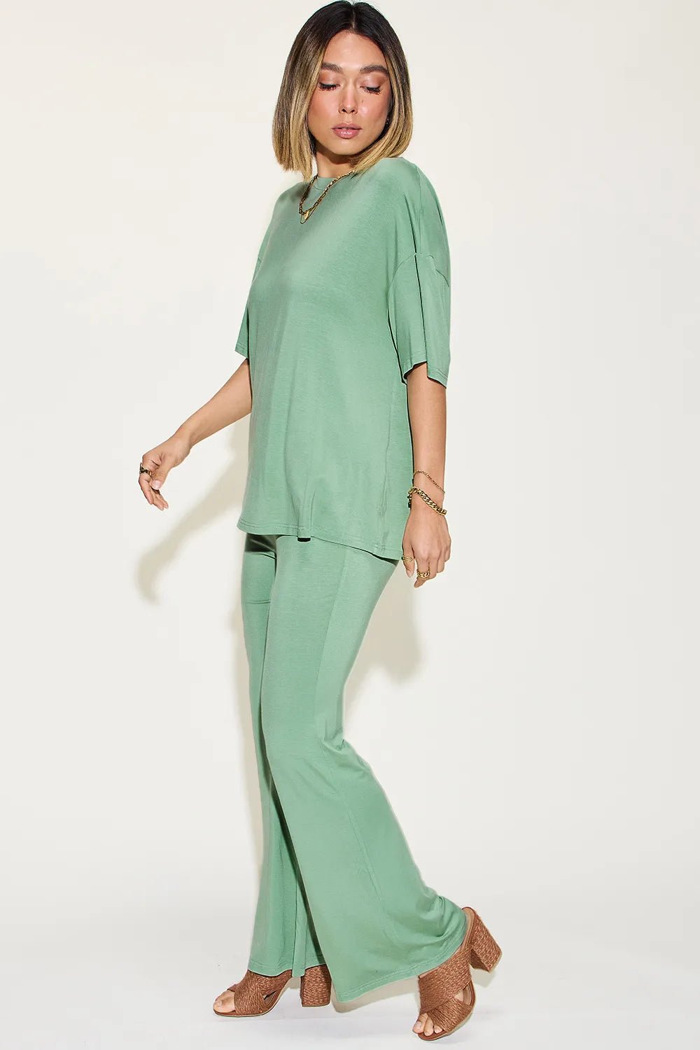 Basic Bae Full Size Bamboo Drop Shoulder T-Shirt and Flare Pants Set - PBNJ FASHIONS
