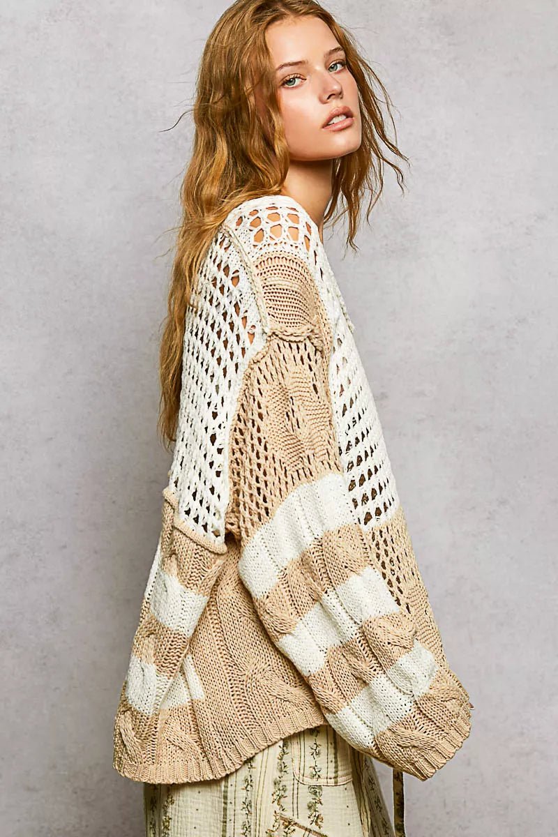 POL Color - Blocked Stripe Pattern Knit Top with Twisted Weave - PBNJ FASHIONS