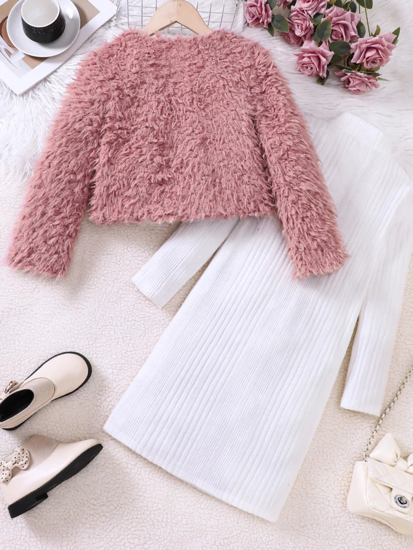 Children's Faux Fur Jacket & Ribbed Dress Set - PBNJ FASHIONS
