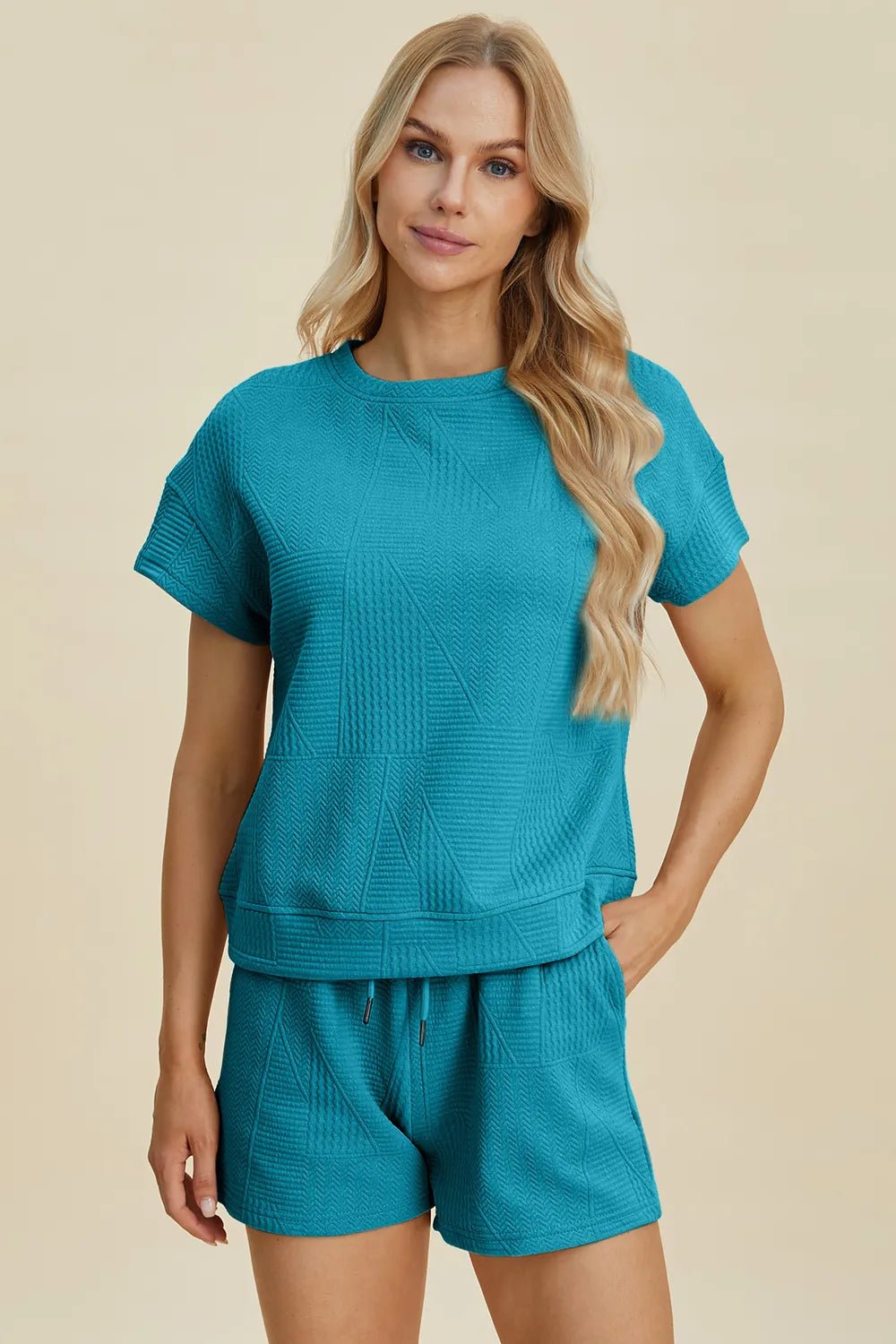 Double Take Full Size Texture Short Sleeve Top and Shorts Set - PBNJ FASHIONS