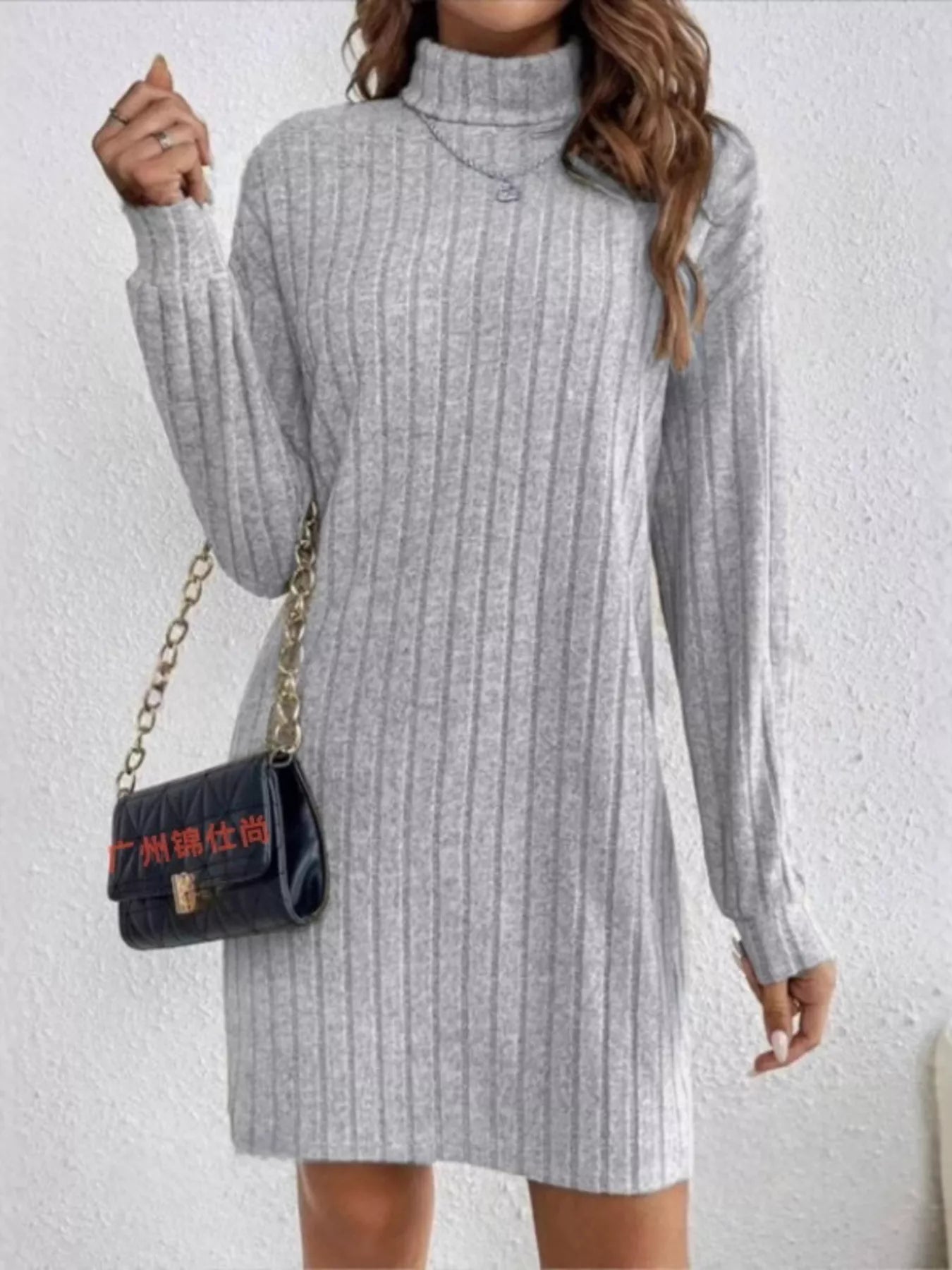 Ribbed Knit Turtleneck Mini Dress - PBNJ FASHIONS