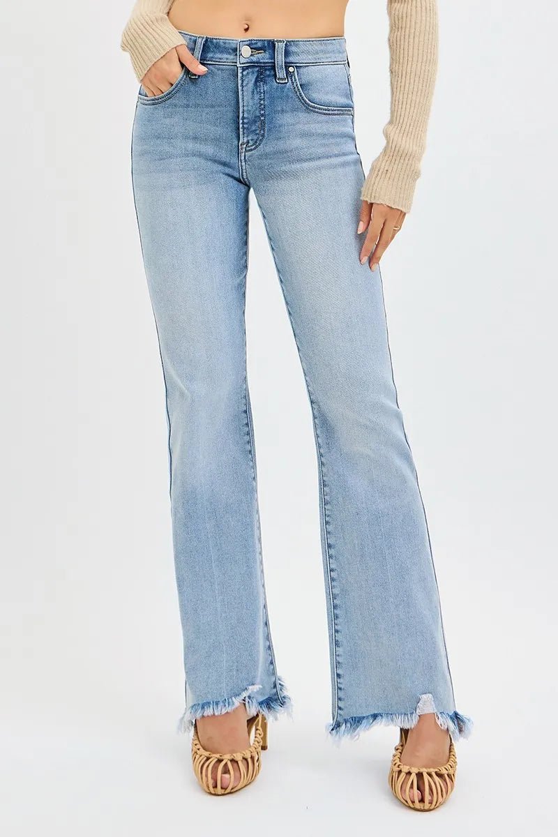RISEN Full Size Tummy Control Mid Rise Flare Jeans with Fray Hem Detailed Plus Size - PBNJ FASHIONS