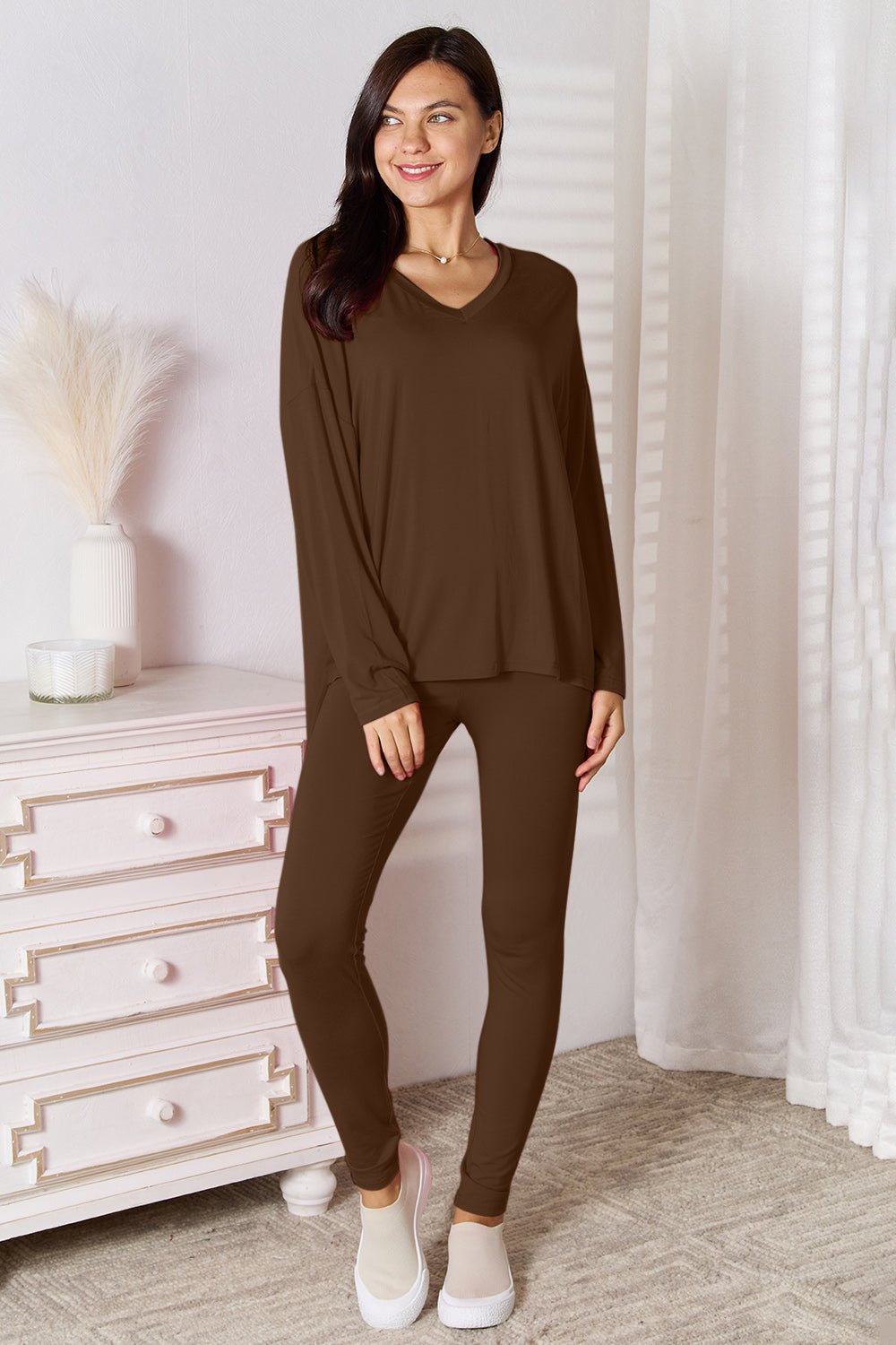 Basic Bae Full Size V - Neck Soft Rayon Long Sleeve Top and Pants Lounge Set - PBNJ FASHIONS