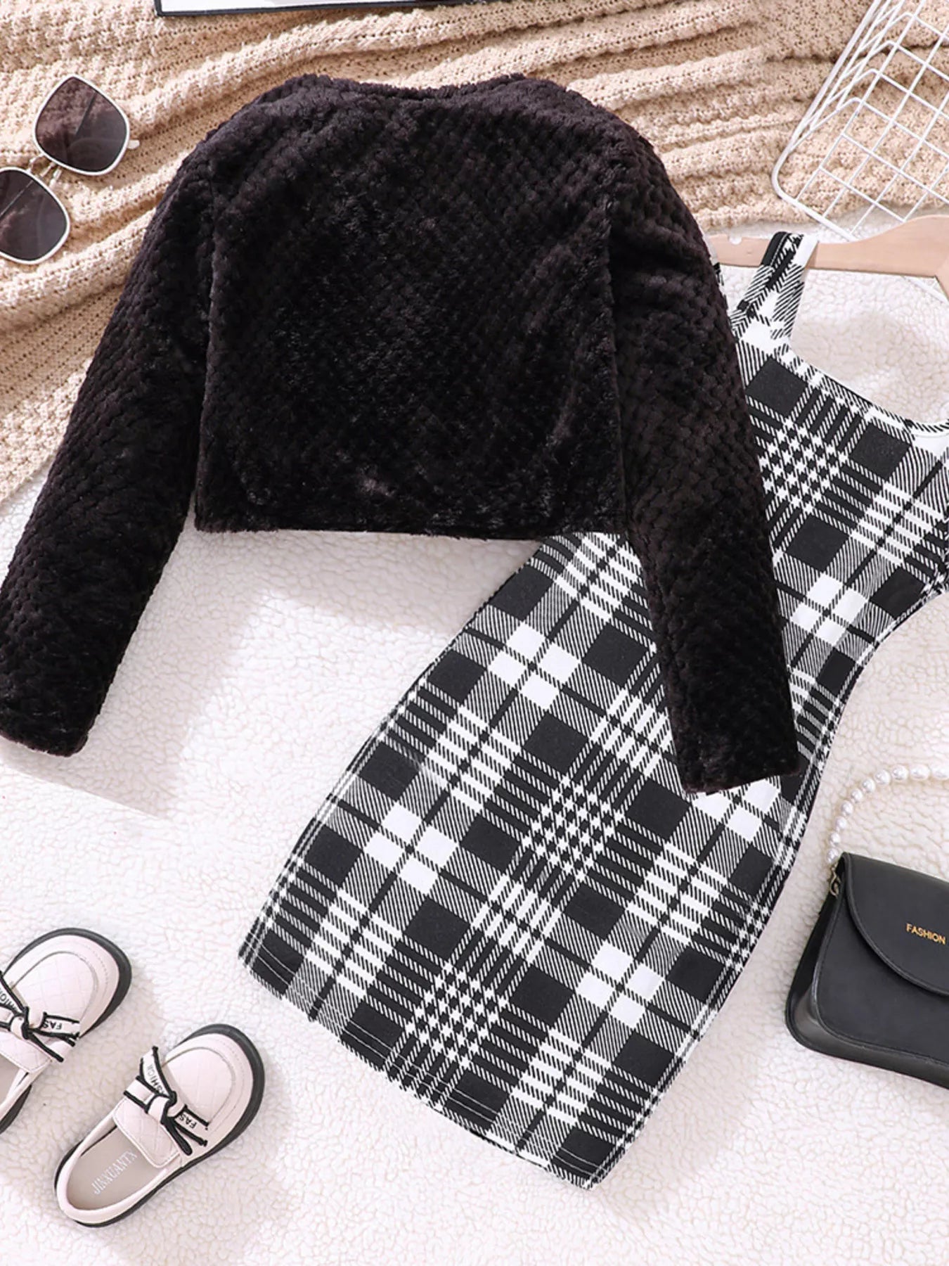 Children's Fuzzy Cardigan & Plaid Dress Set - PBNJ FASHIONS