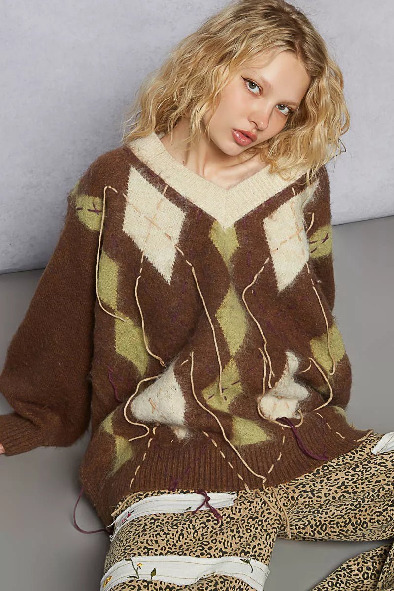 POL V - Neck Argyle Pattern Mohair Sweater with Contrast Exposed Stitch Detail - PBNJ FASHIONS