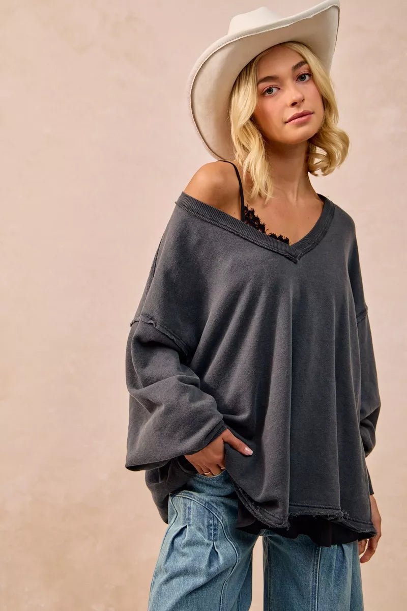 BiBi Mineral Washed French Terry Oversized Sweatshirt - PBNJ FASHIONS