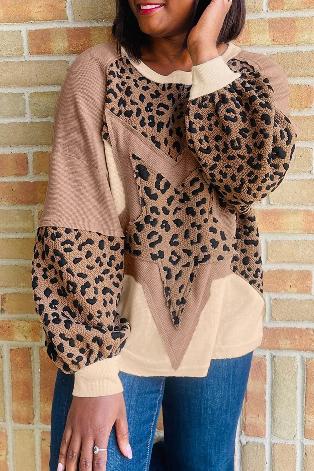 Leopard Star Patchwork Round Neck Sweatshirt - PBNJ FASHIONS