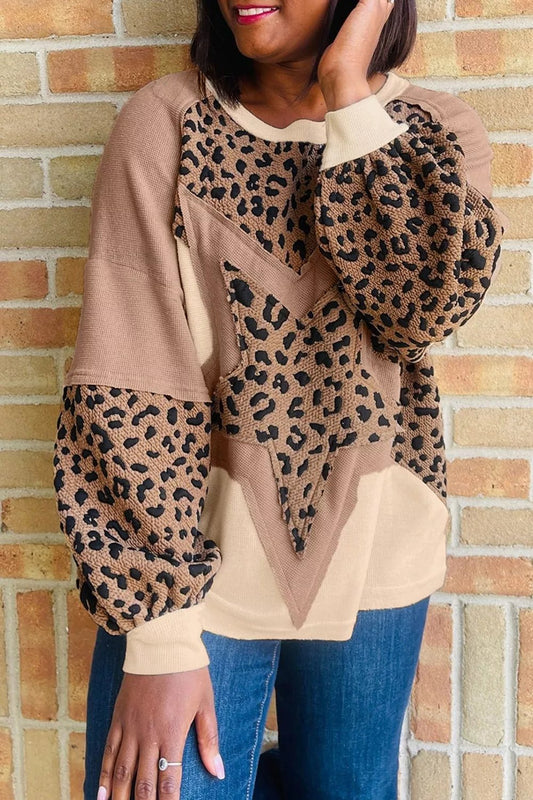 Leopard Star Patchwork Round Neck Sweatshirt - PBNJ FASHIONS