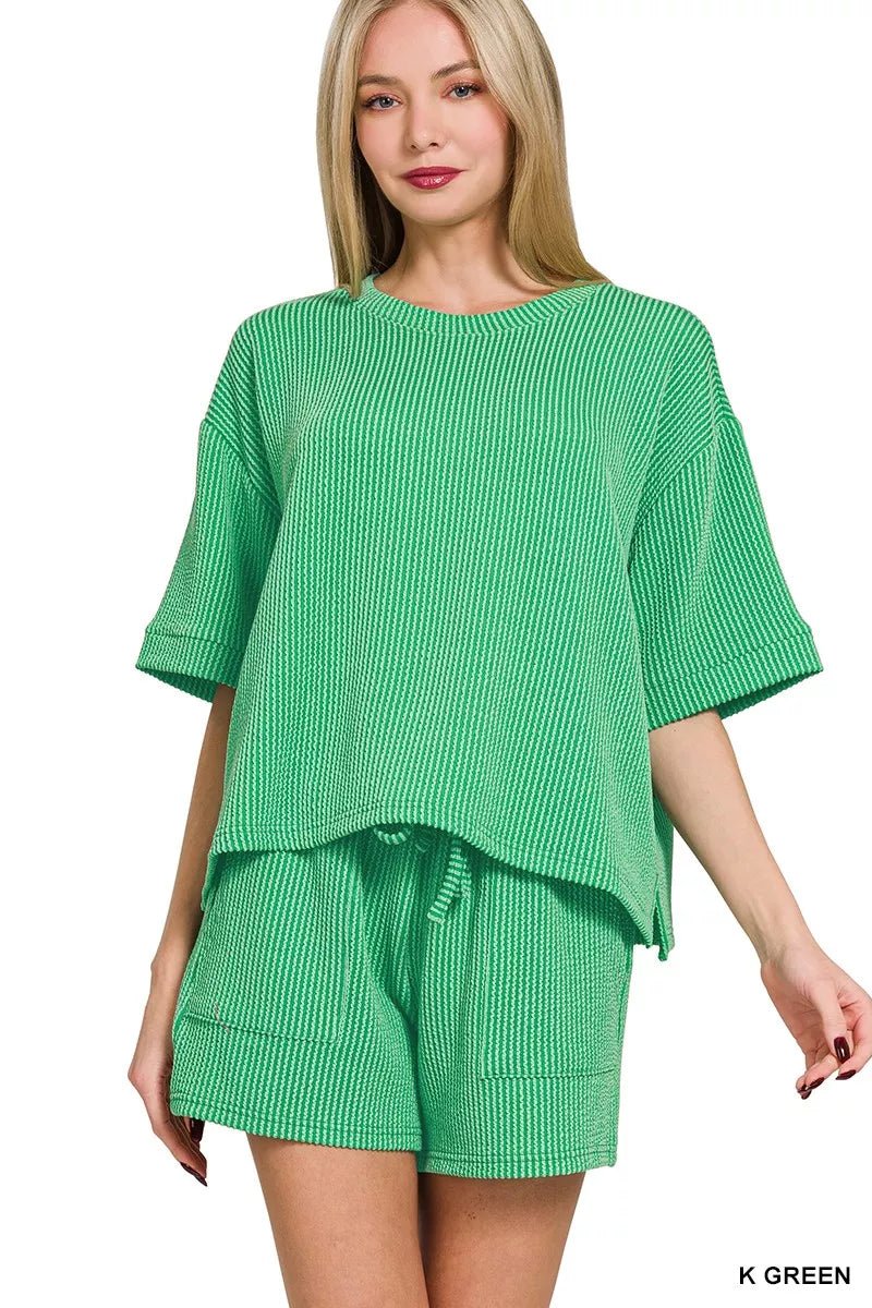 Zenana Raised Rib Short Sleeve Tee and Drawstring Shorts Set - PBNJ FASHIONS