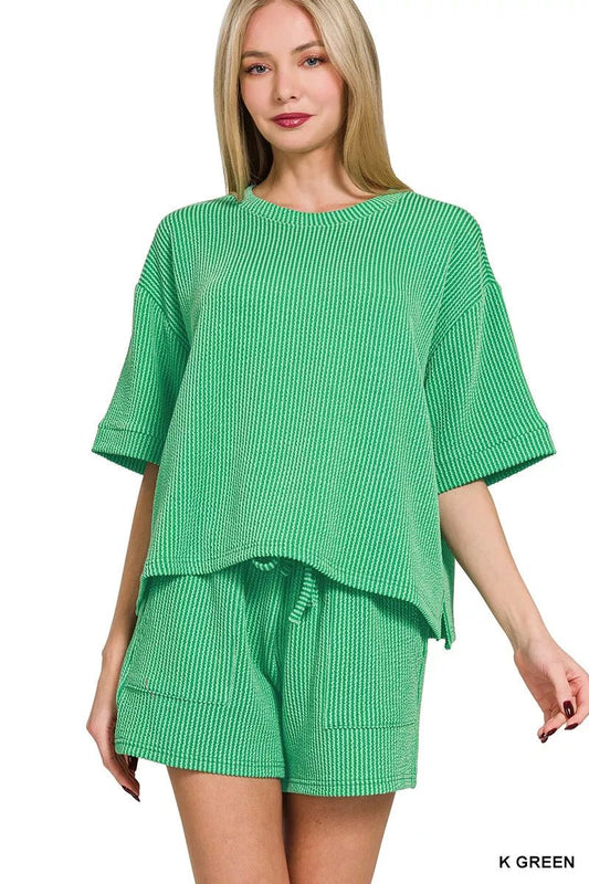 Zenana Raised Rib Short Sleeve Tee and Drawstring Shorts Set - PBNJ FASHIONS