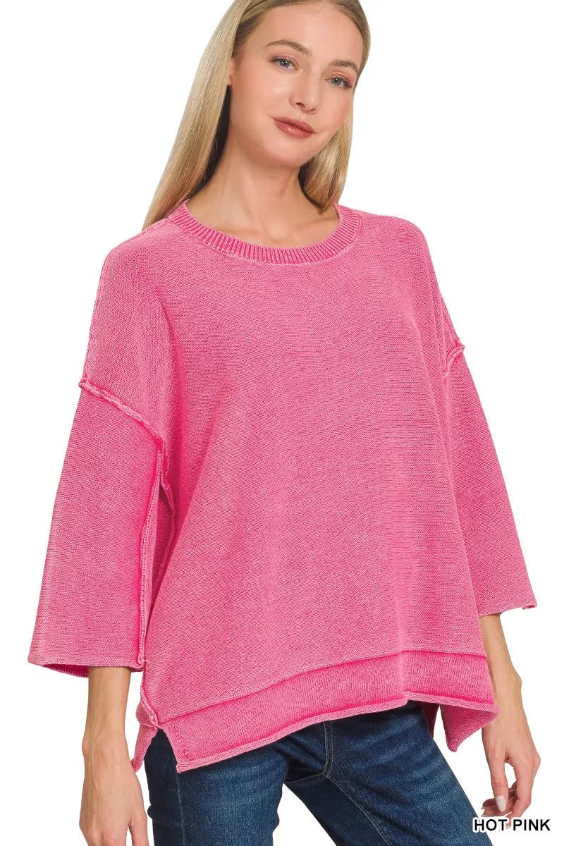 Zenana Washed 3/4 Sleeve Boxy Sweater - PBNJ FASHIONS