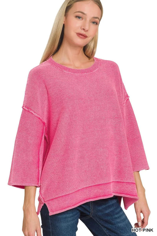 Zenana Washed 3/4 Sleeve Boxy Sweater - PBNJ FASHIONS