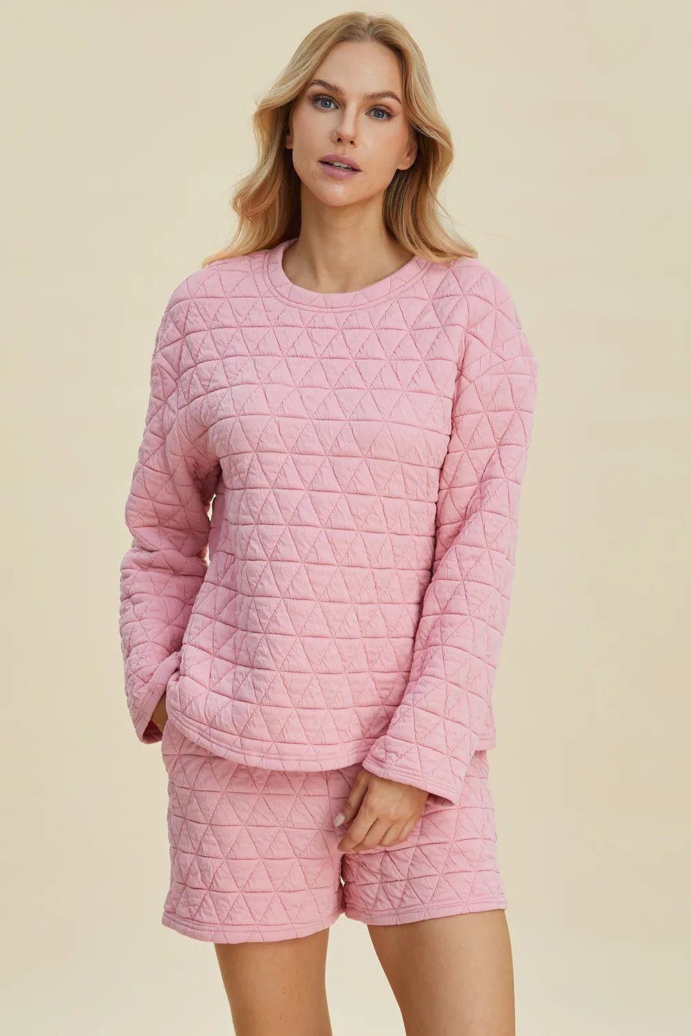 Double Take Full Size Texture Round Neck Long Sleeve Top and Shorts Set - PBNJ FASHIONS