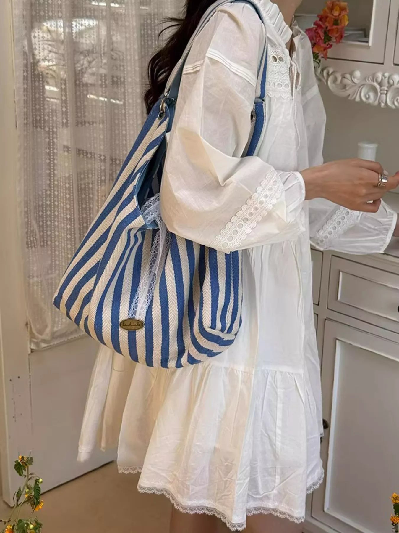 Canvas Tote Bag - Chic Striped Design - Sky BlueOne SizeFashionable Purses