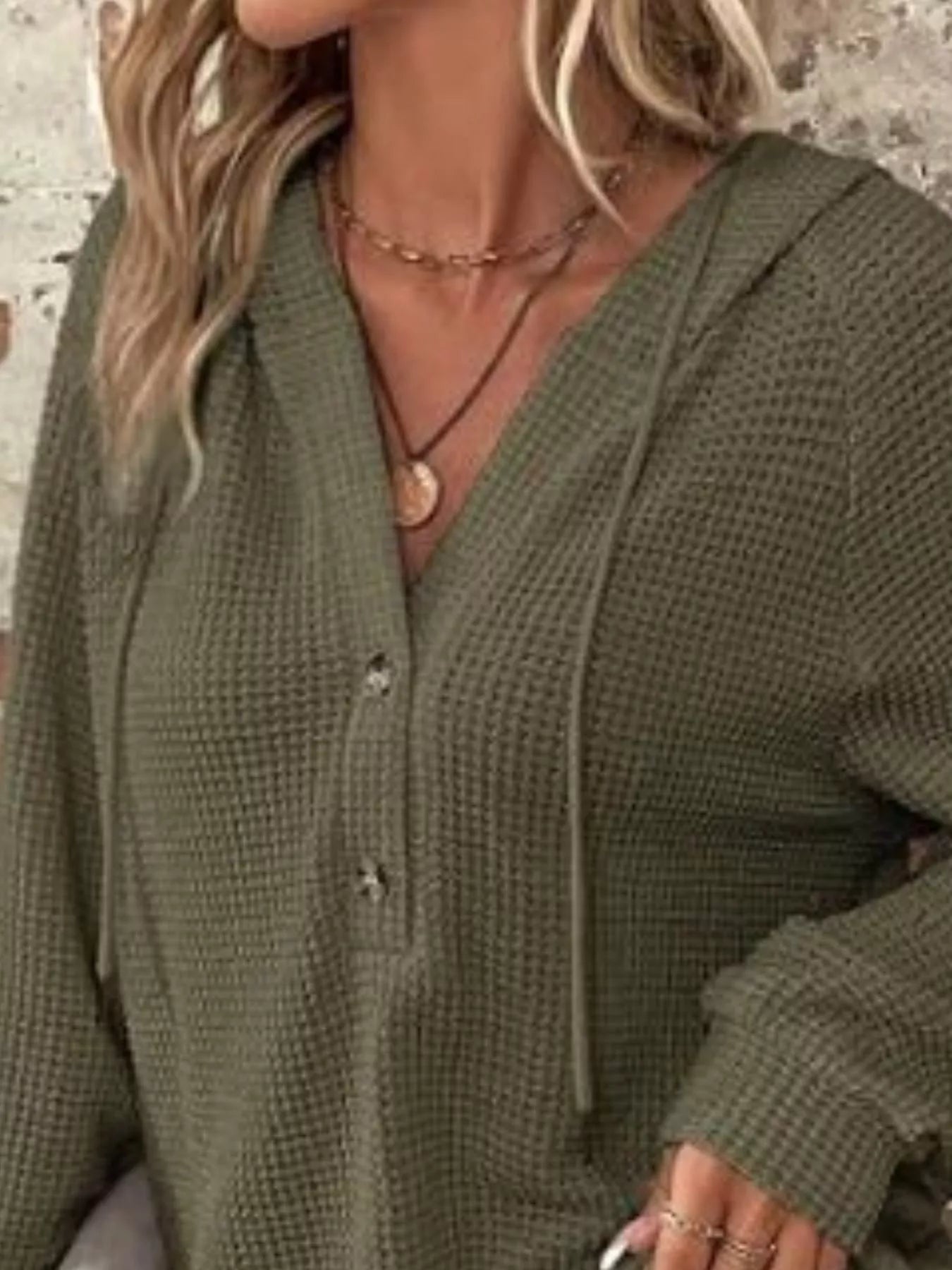 Waffle Knit Button Detail Hoodie - PBNJ FASHIONS