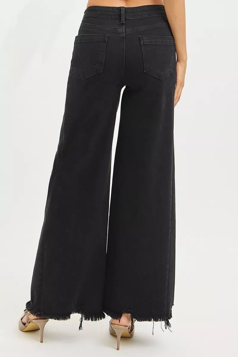 RISEN Tummy Control High Rise Palazzo Leg Frayed Hem Jeans - PBNJ FASHIONS