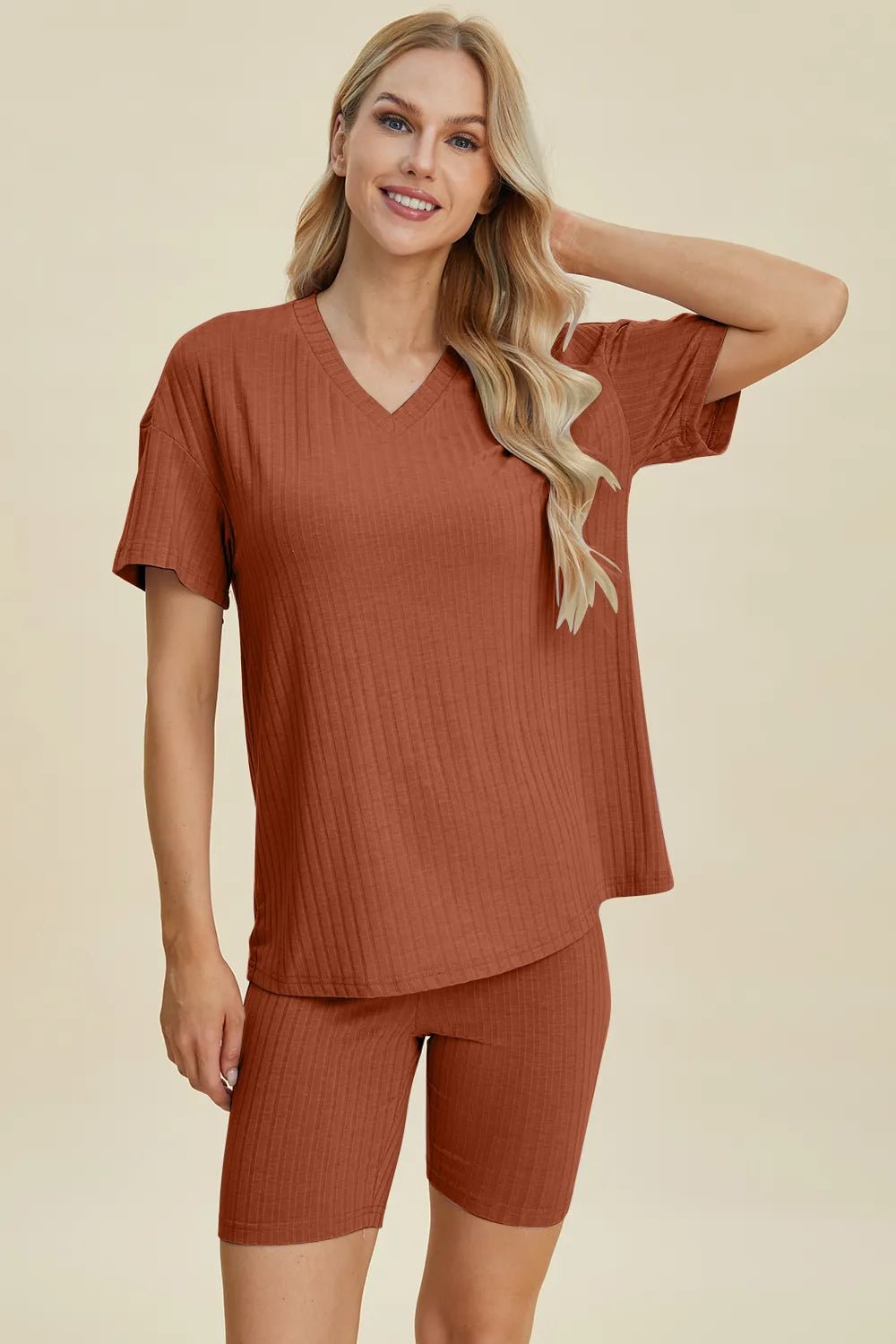 Basic Bae Full Size Ribbed V - Neck Short Sleeve Top and Shorts Set - PBNJ FASHIONS