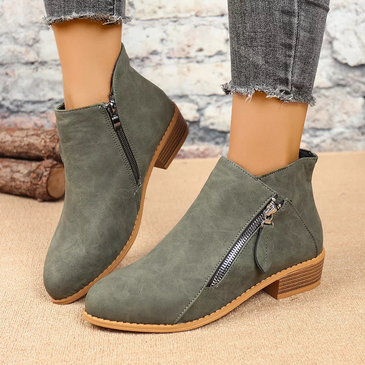 Chic Zip-Up Ankle Boots: Comfortable and Stylish with Block Heels for Effortless Fashion Statements - Army Green-36