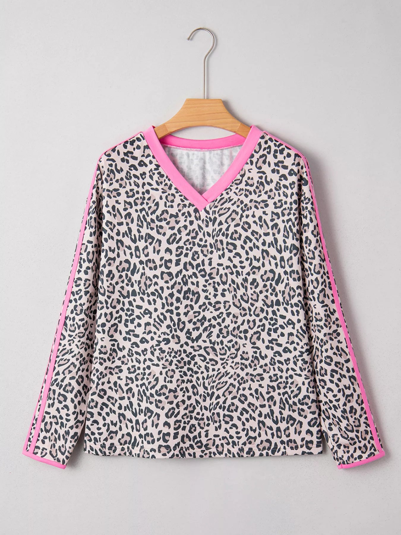 Leopard Print Contrast V Neck Varsity Stripe Detail Long Sleeve Top - PBNJ FASHIONS