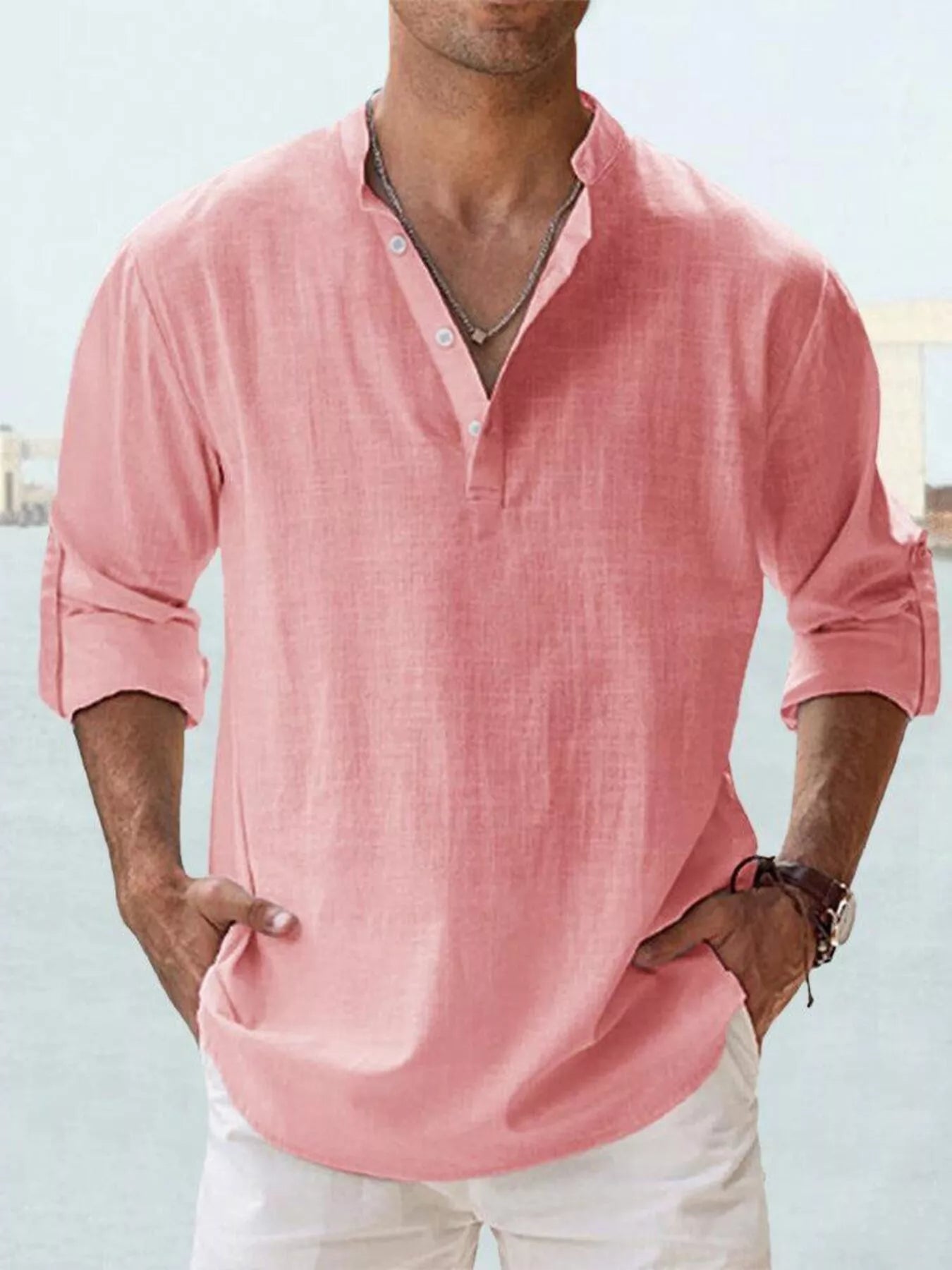 Men's Full Size Casual Button Detail Roll - Up Sleeve Blouse Plus Size - PBNJ FASHIONS